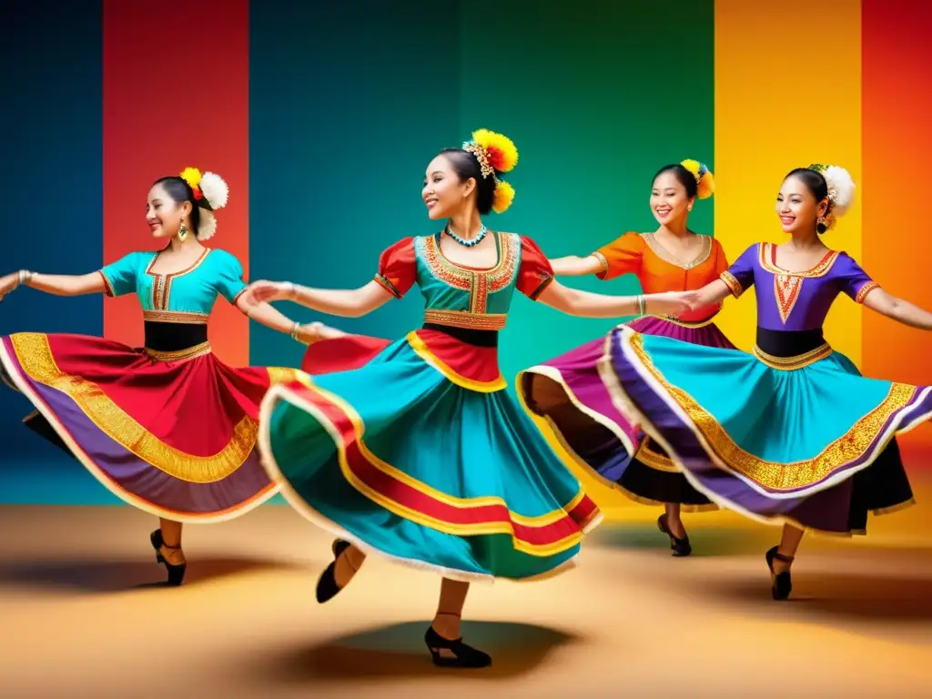 Un grupo de bailarines ejecutando danzas folclóricas con sincronía y gracia, capturando la energía y belleza de la danza típica