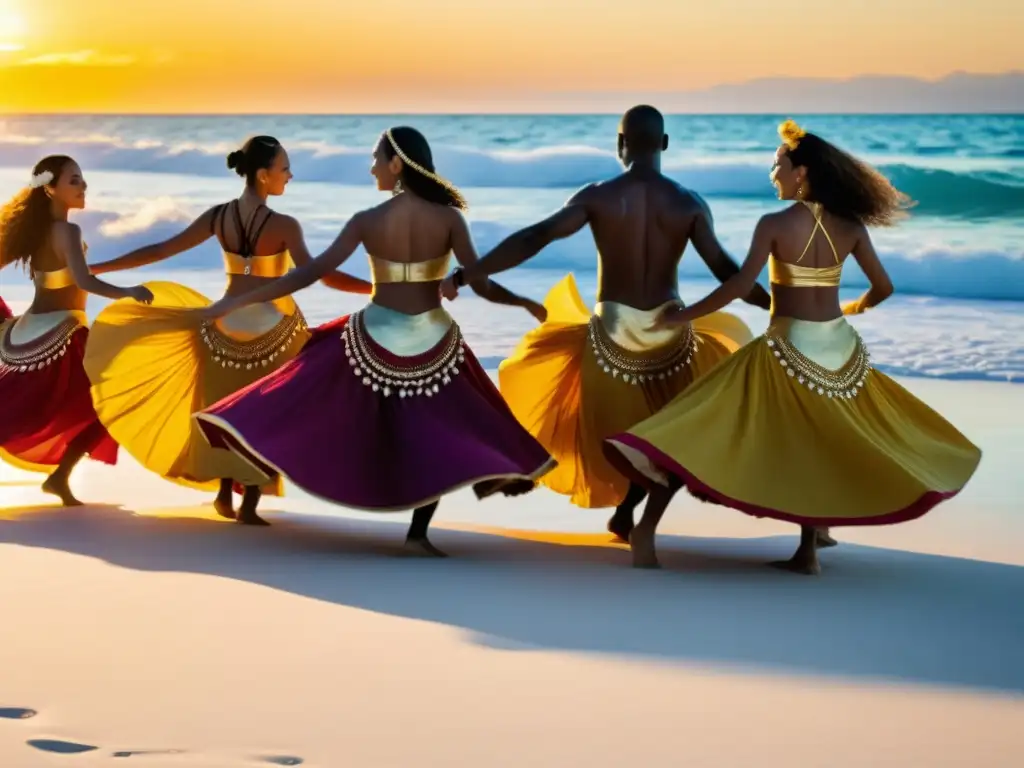 Grupo de bailarines ejecutan danzas oceánicas con significado espiritual en playa al atardecer