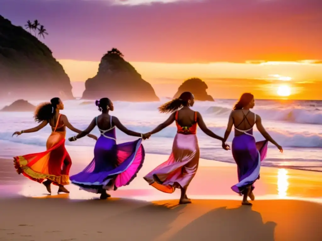 Grupo de bailarines ejecutando danzas oceánicas al atardecer, con significado espiritual