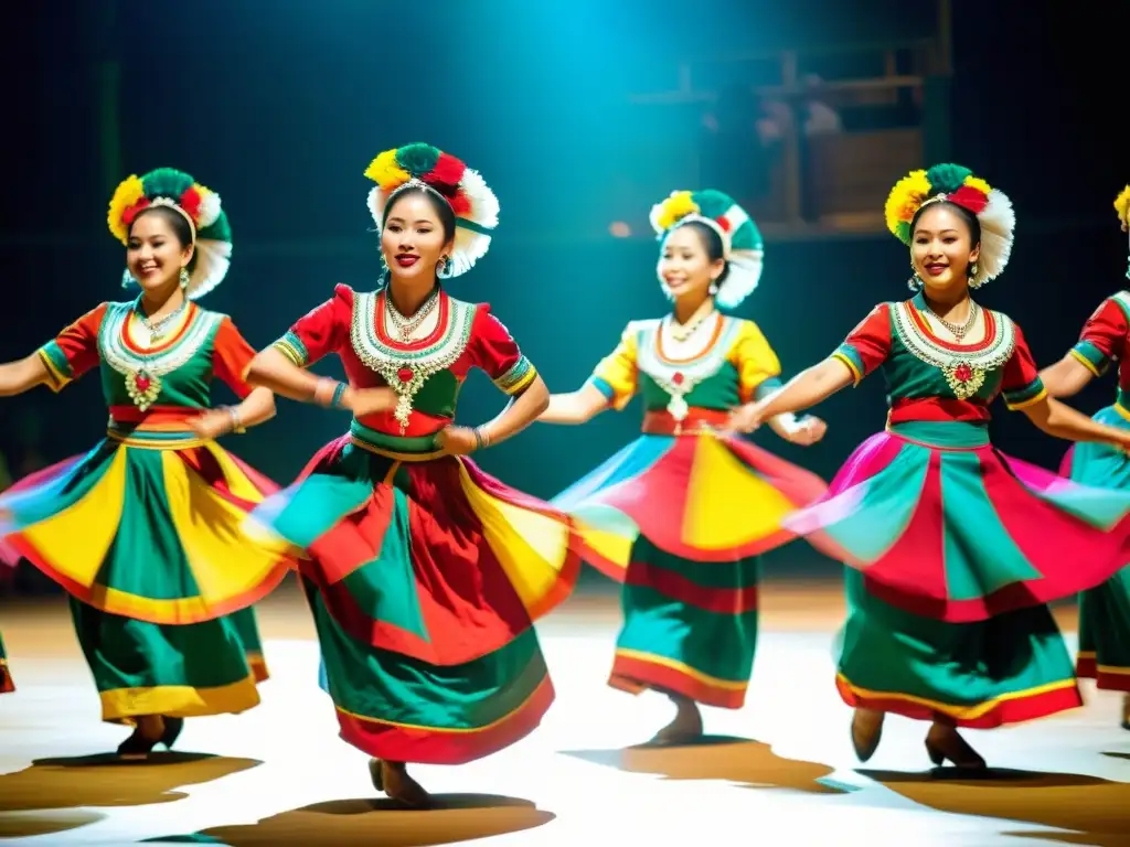 Grupo de bailarines en sincronía, ejecutando danzas típicas con coloridos trajes en movimiento