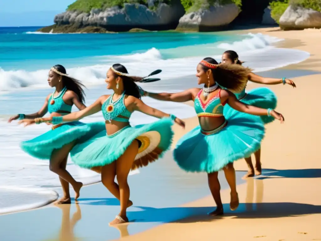 Grupo de bailarines realizando danzas tradicionales frente al mar, con vibrantes trajes y el sol resaltando sus movimientos