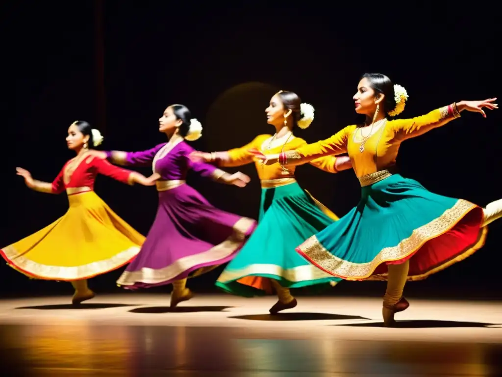 Grupo de bailarines de danzas tradicionales ejecutando con gracia y precisión movimientos en un escenario iluminado, transmitiendo intensidad y belleza en sus expresiones