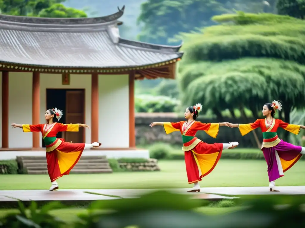 Grupo de bailarines de danzas tradicionales ejecutando una rutina elegante y sincronizada en un entorno sereno al aire libre