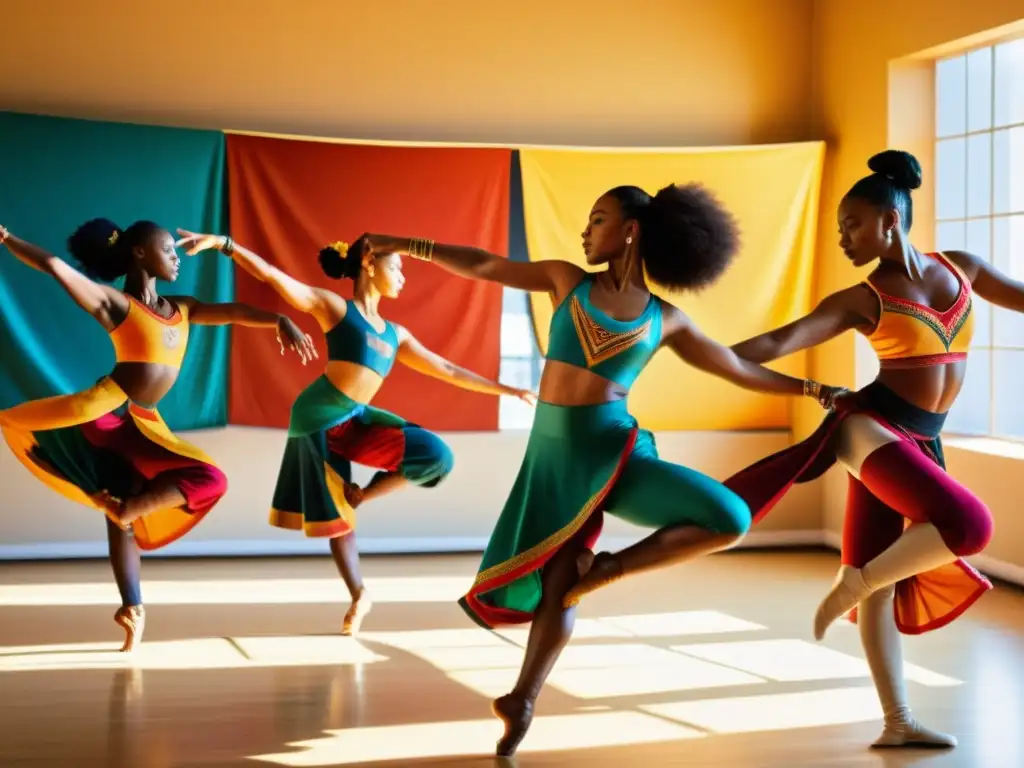 Grupo de bailarines de danzas tradicionales practicando ejercicios en un estudio soleado, mostrando fuerza y flexibilidad en poses elegantes