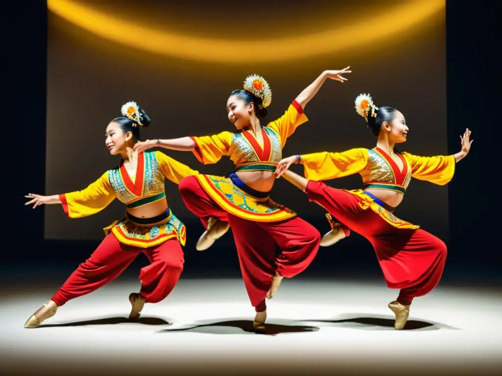 Un grupo de bailarines de danzas tradicionales ejecuta una rutina fascinante, mostrando flexibilidad y pasión