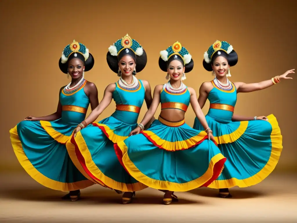 Grupo de bailarines de danzas tradicionales ejecutando una rutina sincronizada con flexibilidad y agilidad impresionantes, vistiendo trajes vibrantes