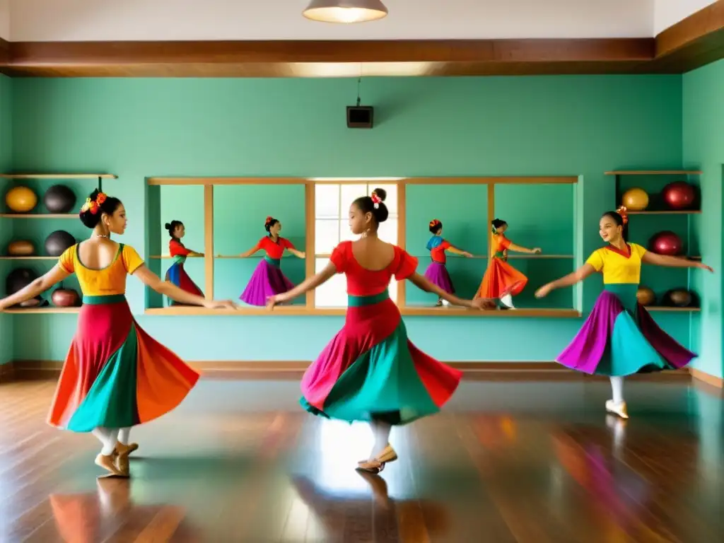 Grupo de bailarines practicando danzas tradicionales en un estudio lleno de luz natural y equipado con moderno software de danza