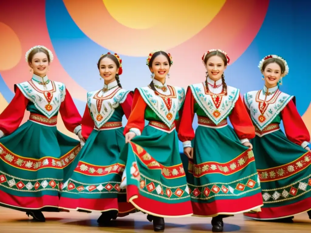 Un grupo de bailarines de danzas tradicionales rusas vistiendo trajes vibrantes y expresiones llenas de energía, capturando la gracia y pasión del arte folclórico ruso