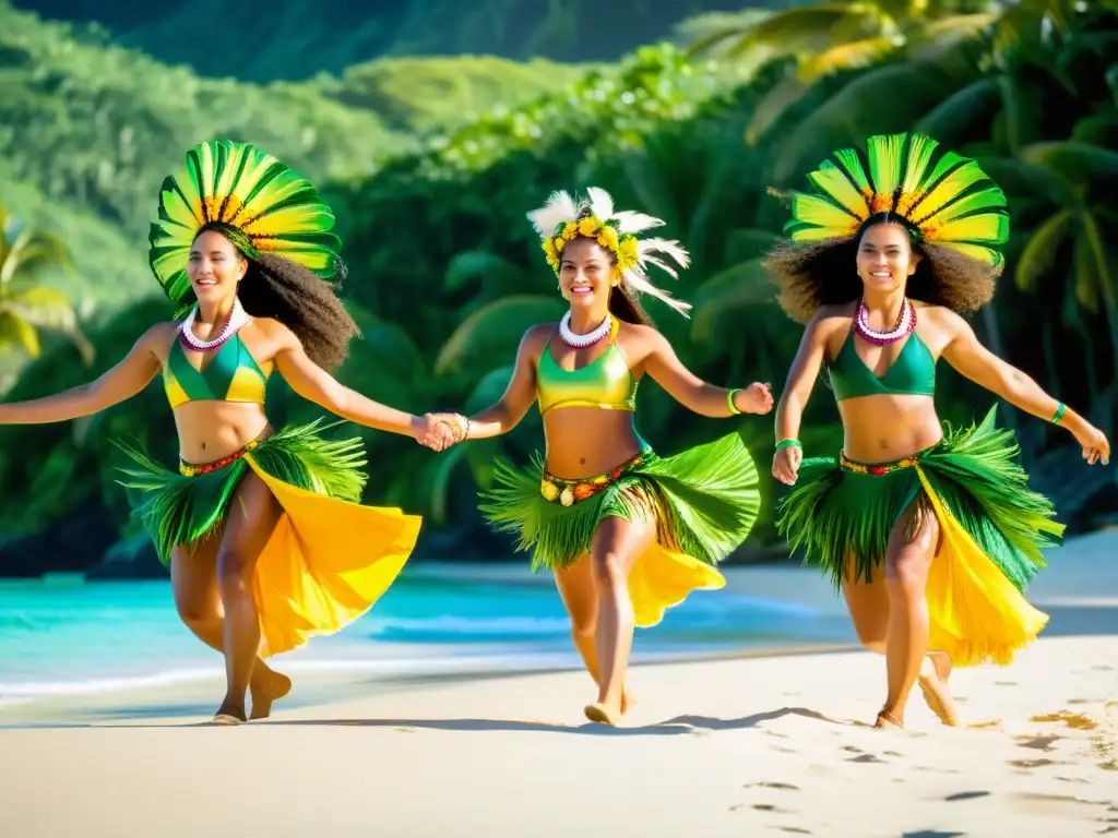 Grupo de bailarines de danzas tradicionales de las islas Cook en una vibrante actuación en la playa