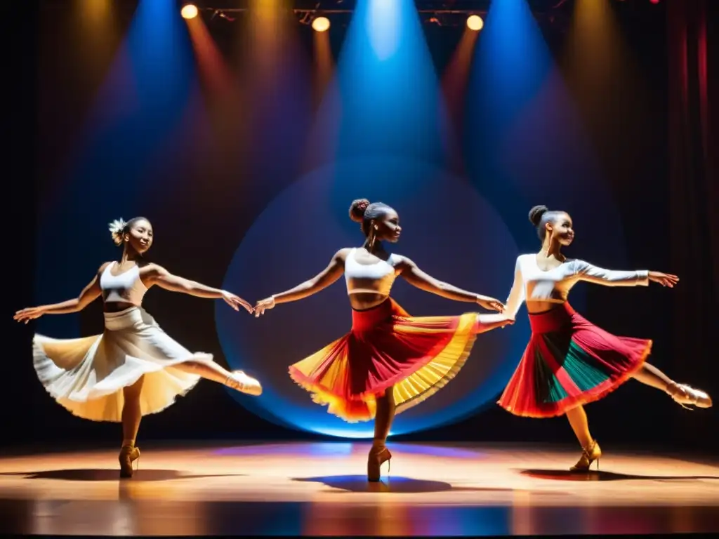 Grupo de bailarines fusionando danzas tradicionales y modernas en un espectáculo vibrante, reflejando la integración de estilos