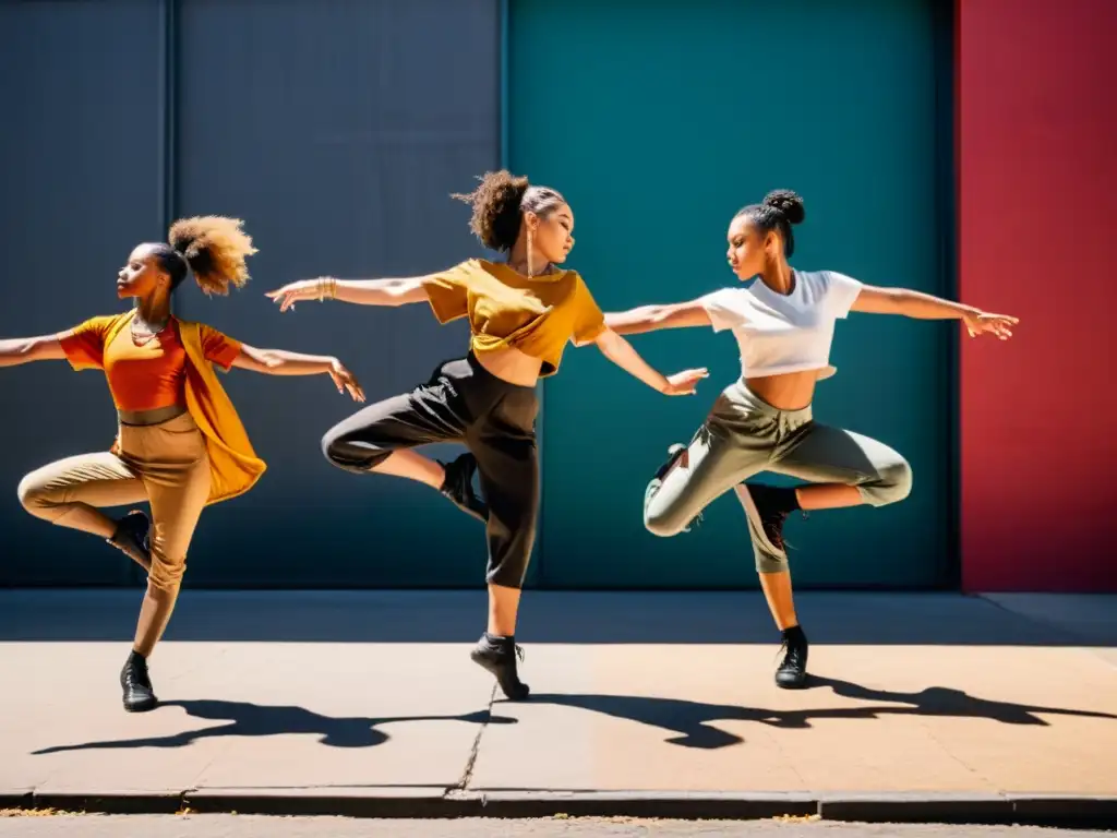 Un grupo de bailarines desafiantes ejecuta movimientos poderosos en una calle urbana, fusionando la cultura tradicional con un toque moderno