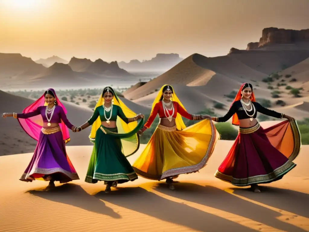 Grupo de bailarines Rajasthani en el desierto de Pushkar, celebrando el Festival de danza con gracia y coloridos atuendos tradicionales