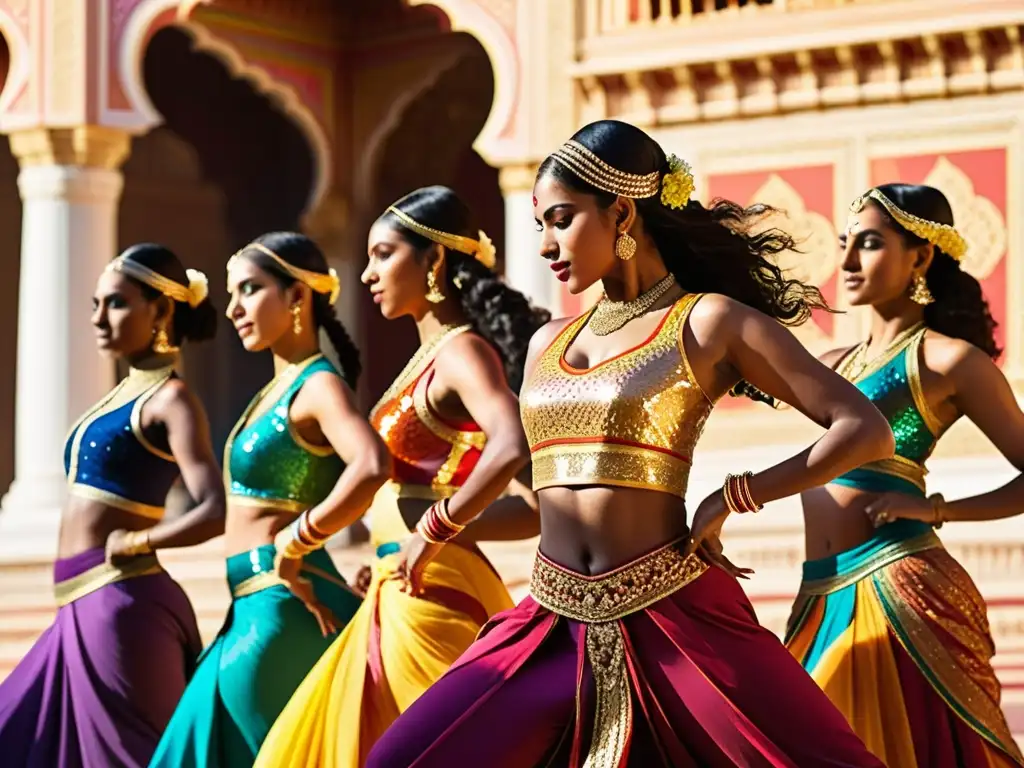 Un grupo de bailarines diverso ejecuta una coreografía en trajes vibrantes y brillantes, frente a una arquitectura india ornamental