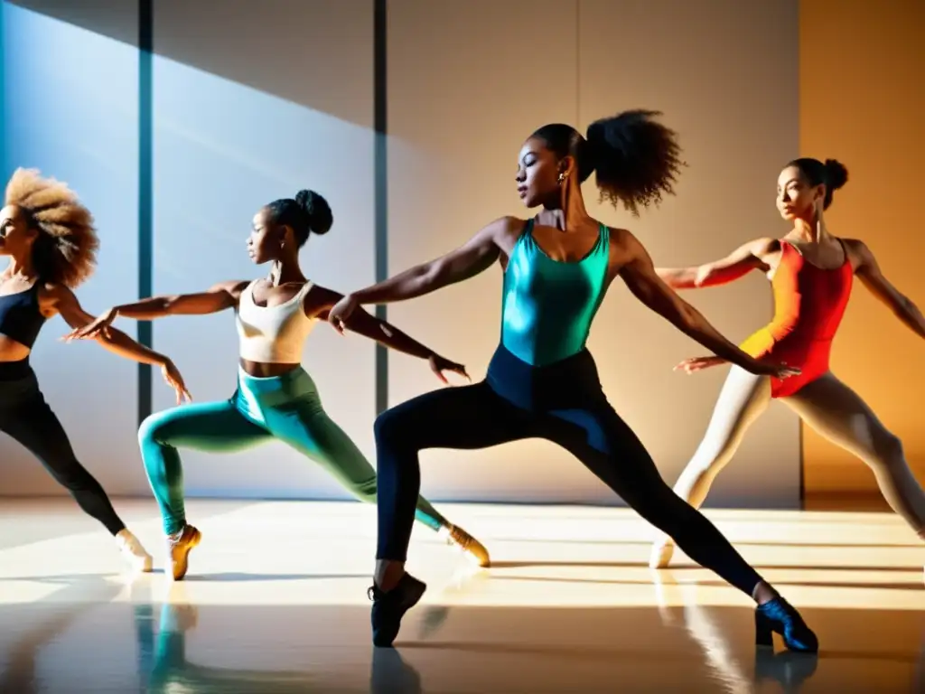 Un grupo de bailarines diverso en un estudio espacioso y bien iluminado