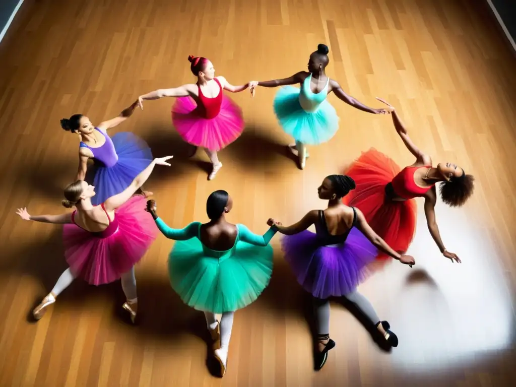 Un grupo de bailarines diversos en círculo, vistiendo trajes vibrantes, expresando pasión y energía