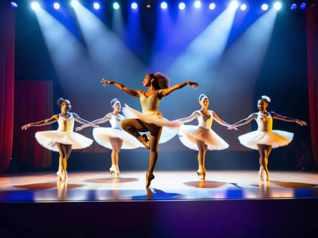 Un grupo de bailarines diversos y enérgicos realizando una actuación impactante en el escenario, irradiando vitalidad y pasión