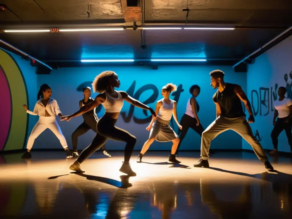 Un grupo de bailarines diversos en un estudio de danza subterráneo, expresando pasión a través de movimientos de danza contemporánea y tradicional