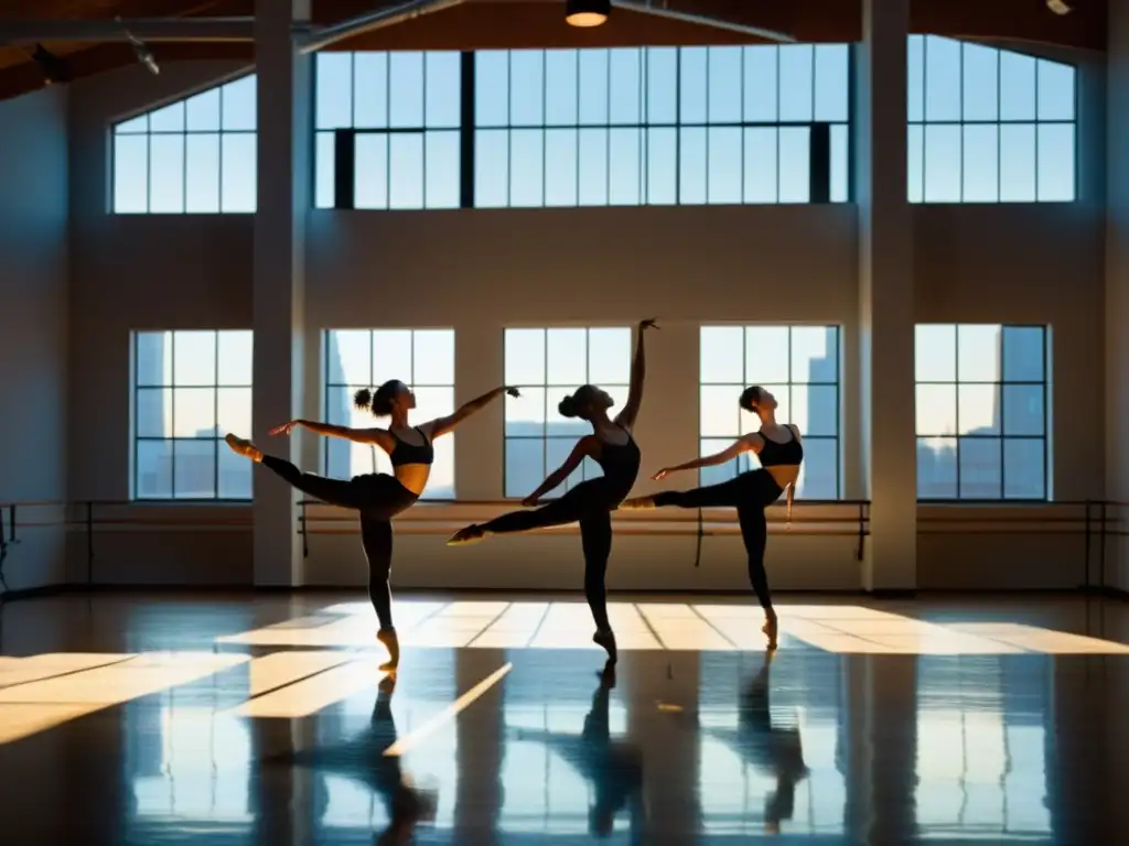 Un grupo de bailarines diversos se mueven con gracia en un estudio de danza industrial, iluminados por un suave foco