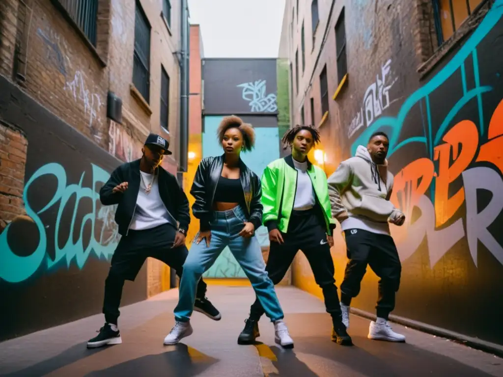 Un grupo de bailarines diversos en ropa urbana realizando una coreografía en un callejón de la ciudad, con luces de neón y grafitis