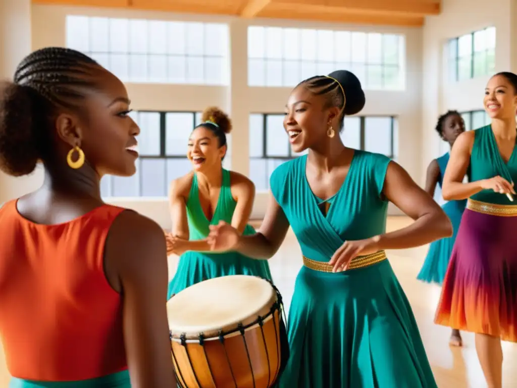 Un grupo de bailarines diversos en trajes vibrantes y étnicos, tocando instrumentos musicales durante un ensayo de danza