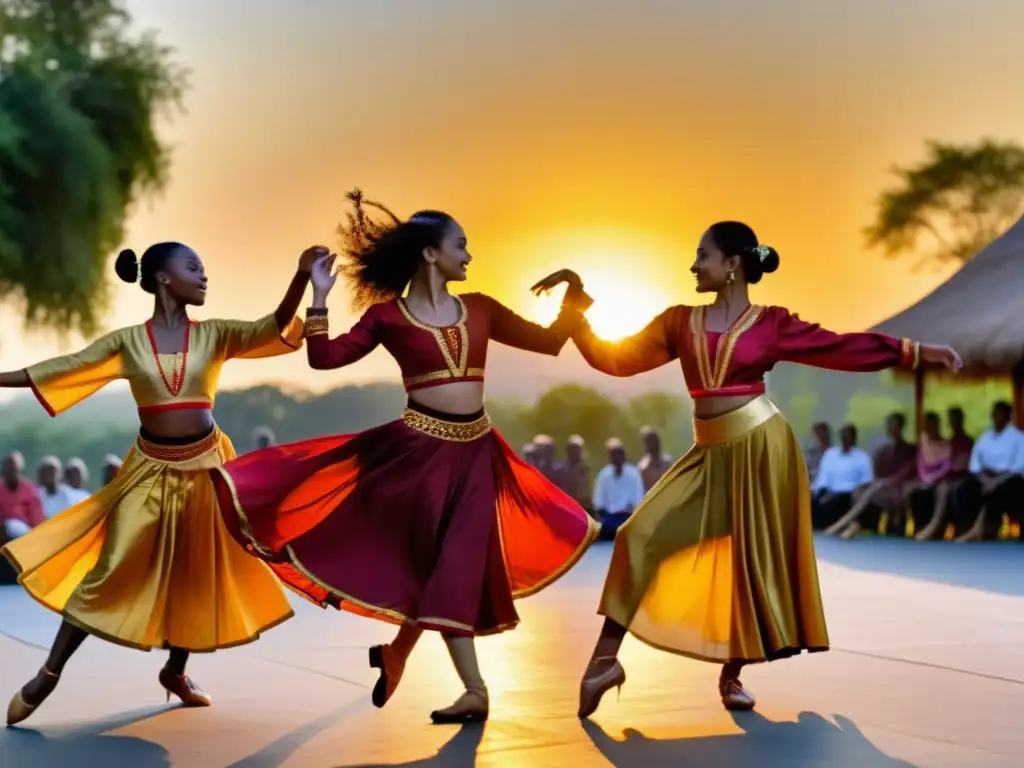 Un grupo de bailarines diversos en trajes tradicionales realizando una danza dinámica y colorida al atardecer