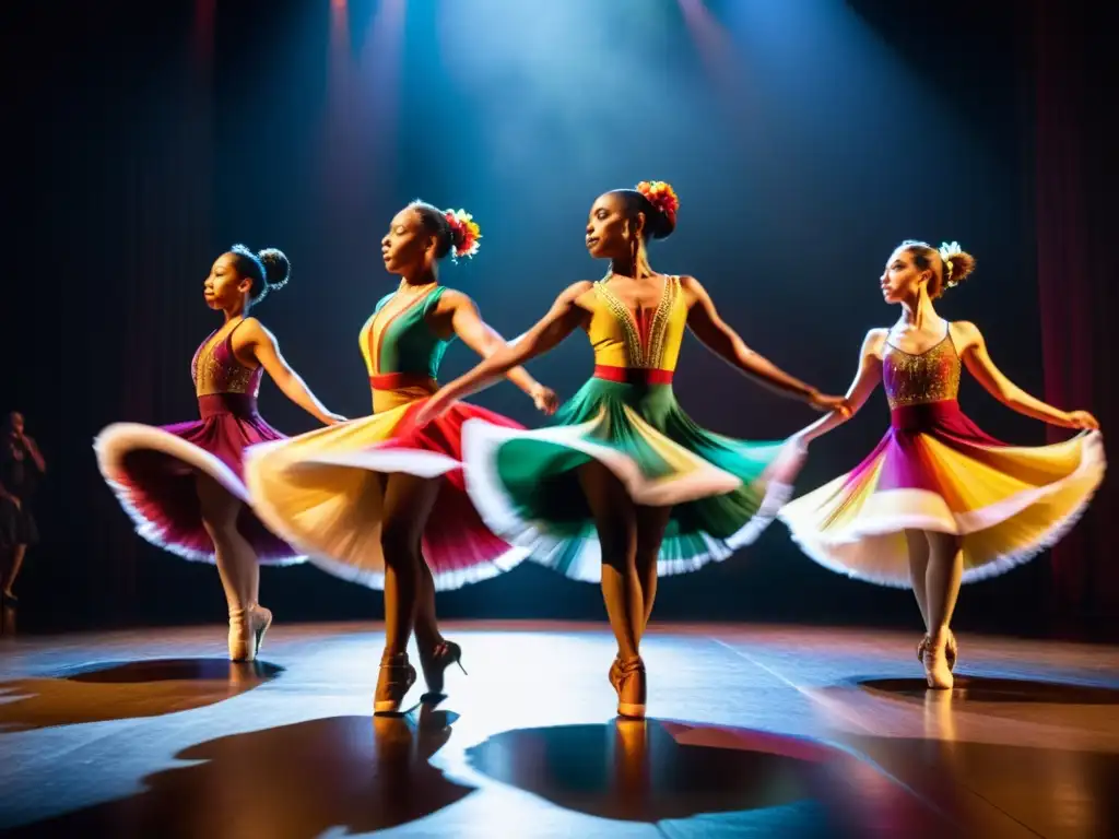 Un grupo de bailarines diversos, con trajes coloridos y elaborados, danza en un escenario tenue