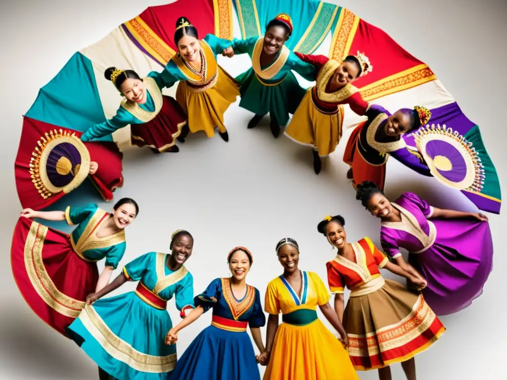 Un grupo de bailarines diversos con trajes tradicionales de colores vibrantes, unidos en círculo, sonriendo y realizando una danza tradicional