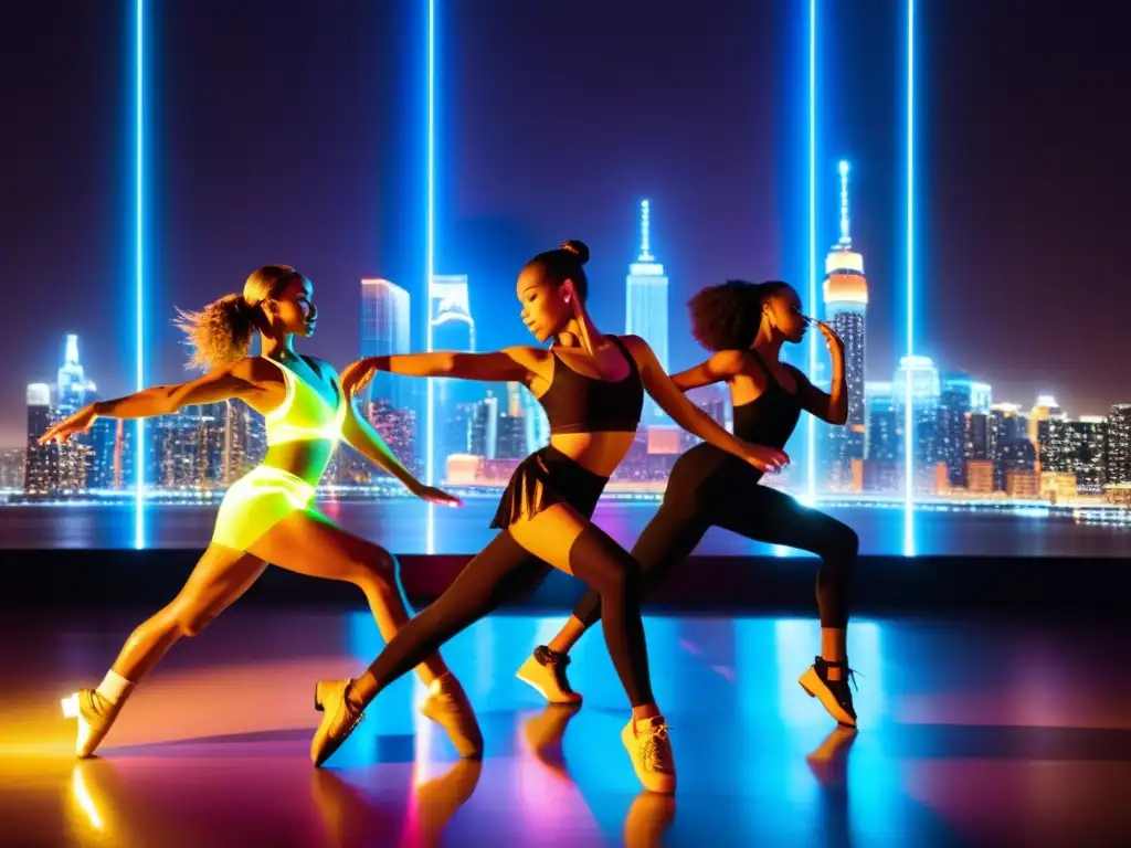 Un grupo de bailarines diversos con trajes modernos y digitales, capturados en movimiento frente a luces de la ciudad