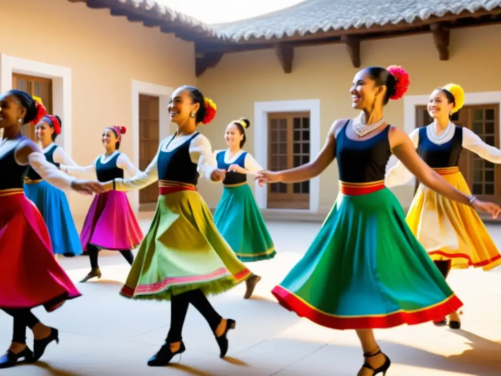 Un grupo de bailarines diversos en trajes tradicionales realiza pasos sincronizados en un patio soleado, mientras un instructor sonríe con aprobación