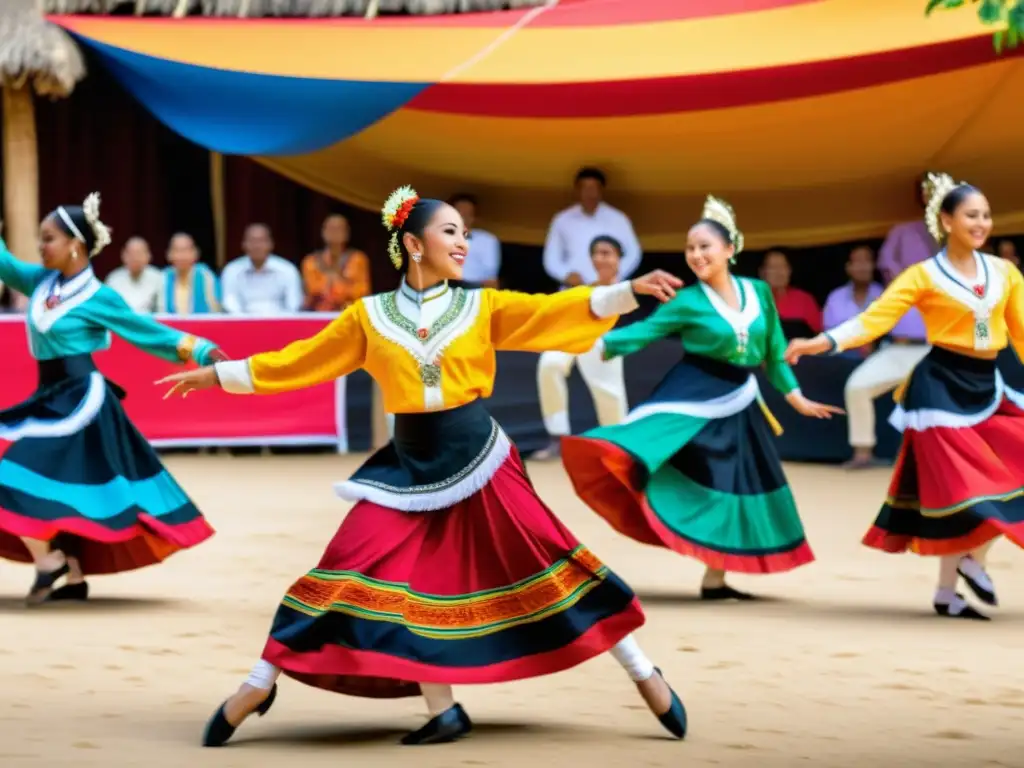 Un grupo de bailarines diversos en trajes culturales tradicionales realiza una danza vibrante y energética en un evento cultural lleno de color