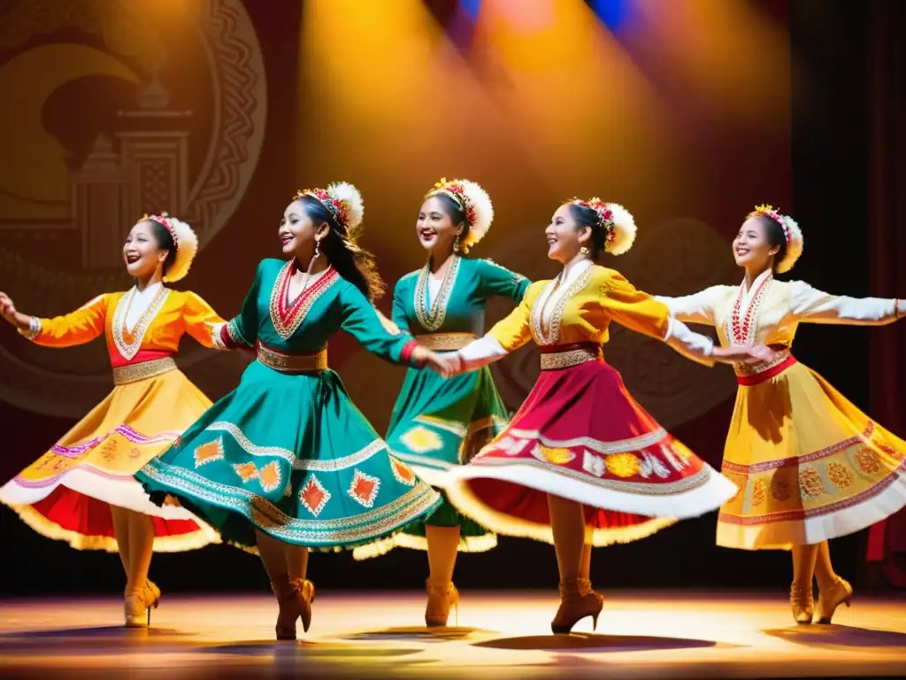 Un grupo de bailarines diversos con trajes tradicionales coloridos realizan una danza en un escenario adornado con patrones vibrantes