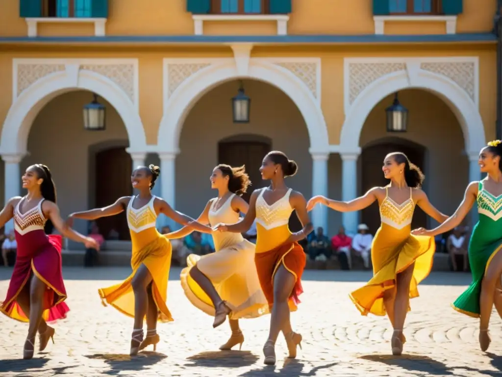 Un grupo de bailarines diversos en vibrantes trajes realizando movimientos sincronizados en una plaza soleada, fusionando gamificación y danza