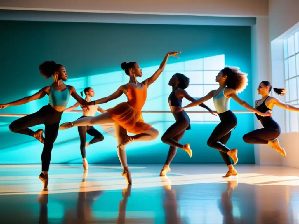 Un grupo de bailarines diversos en vibrantes atuendos danzando con energía en un estudio soleado, destacando la expresión y la pasión