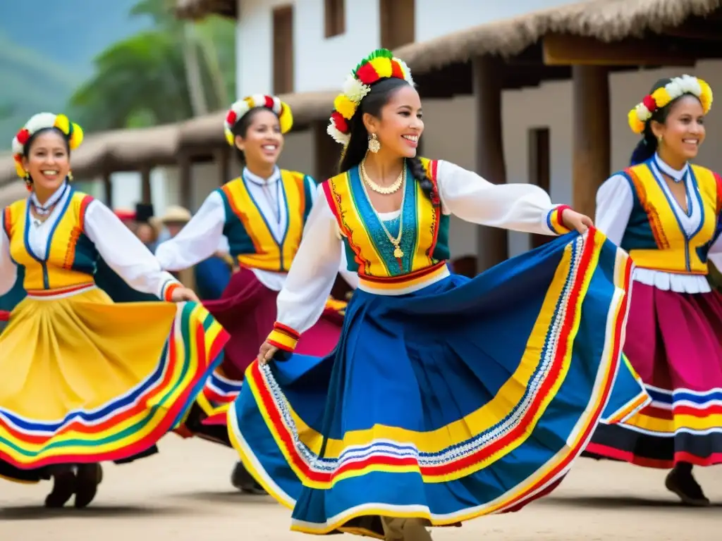 Un grupo de bailarines ecuatorianos vistiendo trajes tradicionales coloridos, bailando al ritmo del Sanjuanito