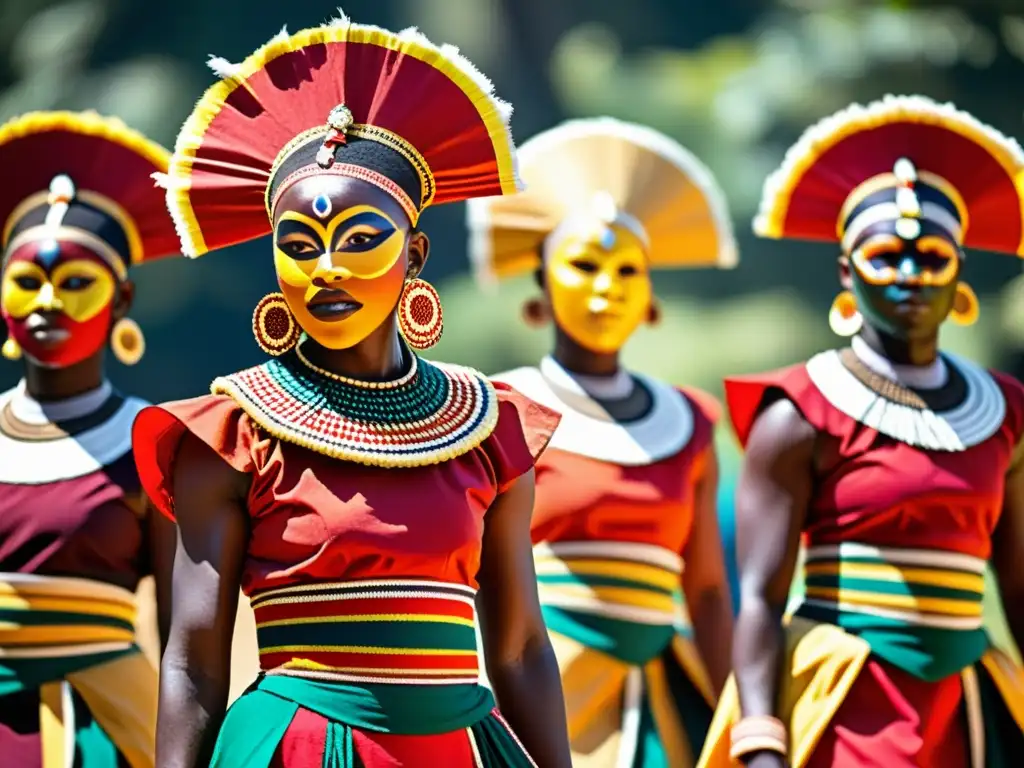 Grupo de bailarines Egungun con trajes vibrantes y máscaras, realizando una danza espiritual en un claro soleado