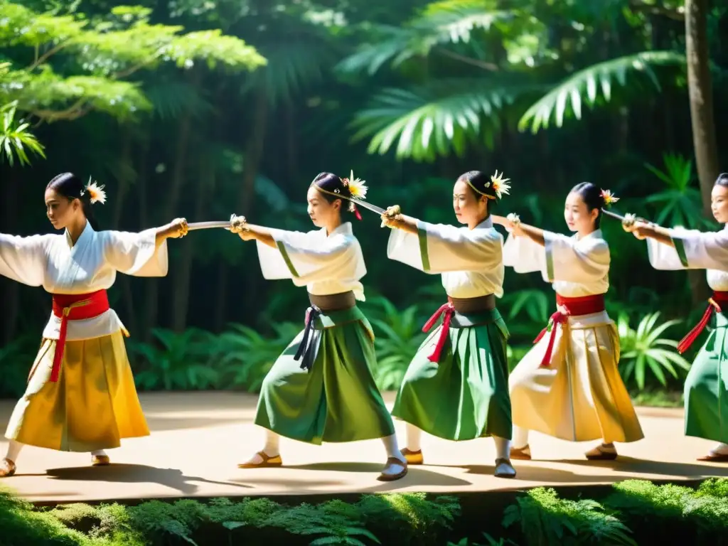 Grupo de bailarines de Okinawa realizando un elegante entrenamiento de danza con espadas en un bosque subtropical, destacando sus trajes vibrantes