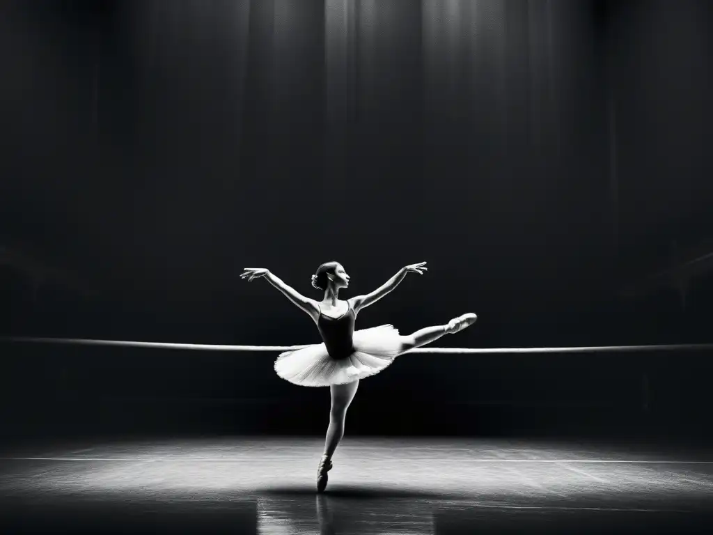 Grupo de bailarines en un elegante salto, con atmósfera teatral