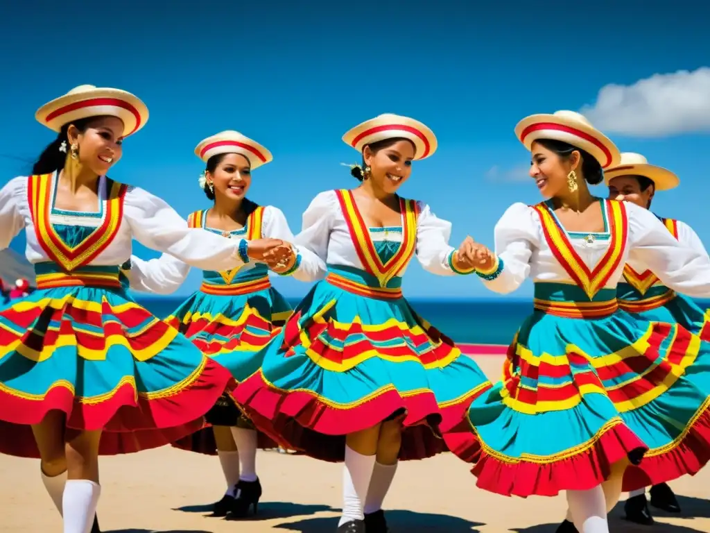 Marinera Peruana: Elegancia y Pasión en Movimiento Grupo de bailarines elegantes ejecutando la Marinera Peruana, exudando elegancia y coquetería con movimientos precisos y trajes coloridos