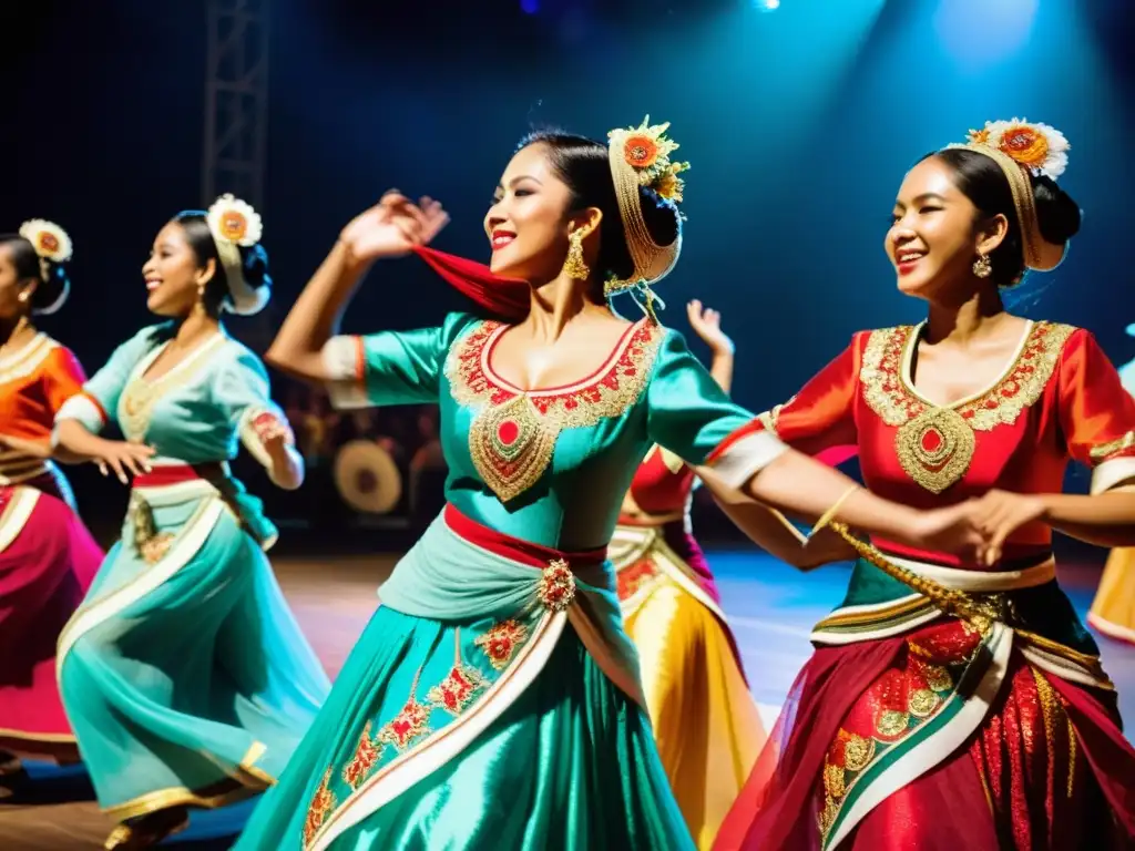 Grupo de bailarines elegantes y músicos apasionados en un escenario opulento