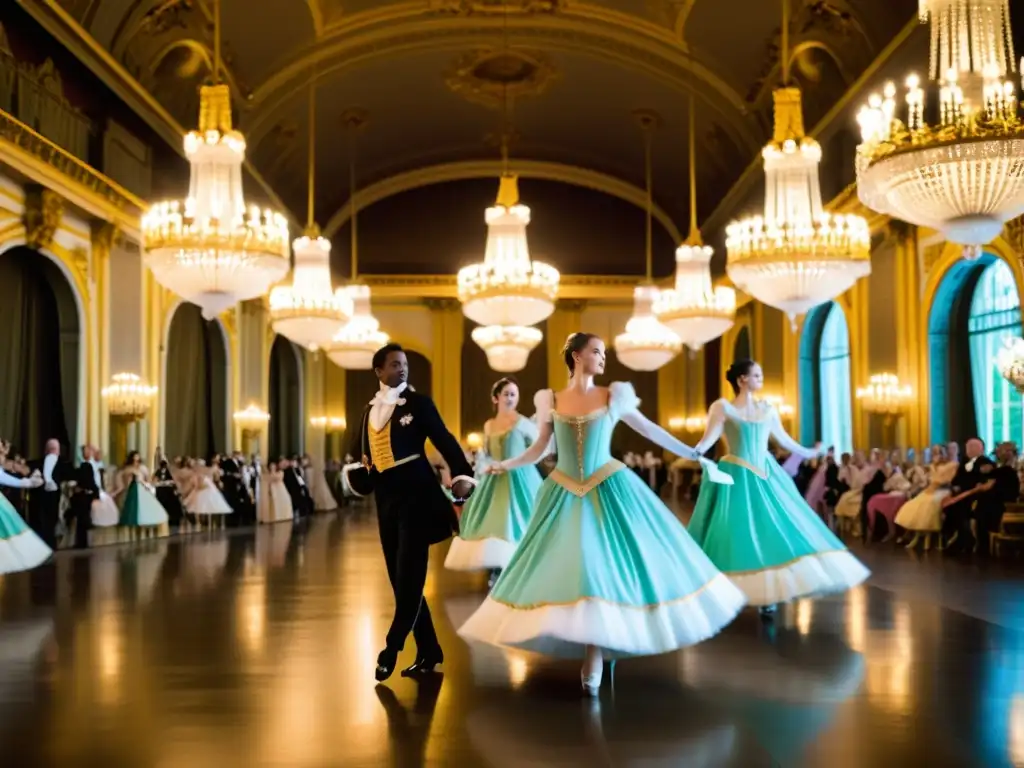 Grupo de bailarines elegantes interpretando la Quadrille Francesa bajo los majestuosos candelabros