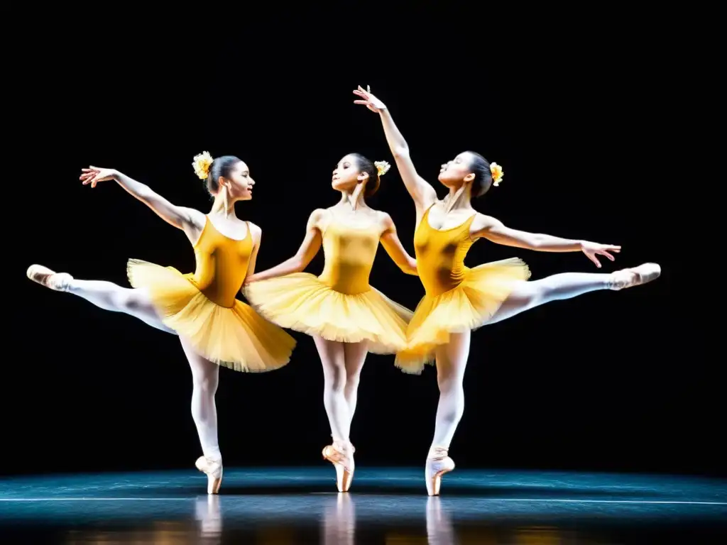 Grupo de bailarines elegantes en vibrantes trajes, saltando con gracia en el aire