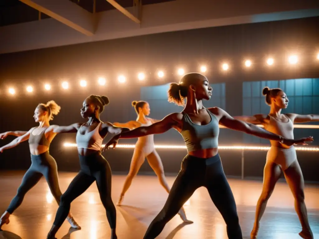 Grupo de bailarines expresando emociones en un estudio iluminado