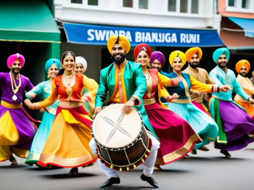 Un grupo de bailarines energéticos y coloridos, con trajes tradicionales punjabíes, danzan al ritmo de un dhol