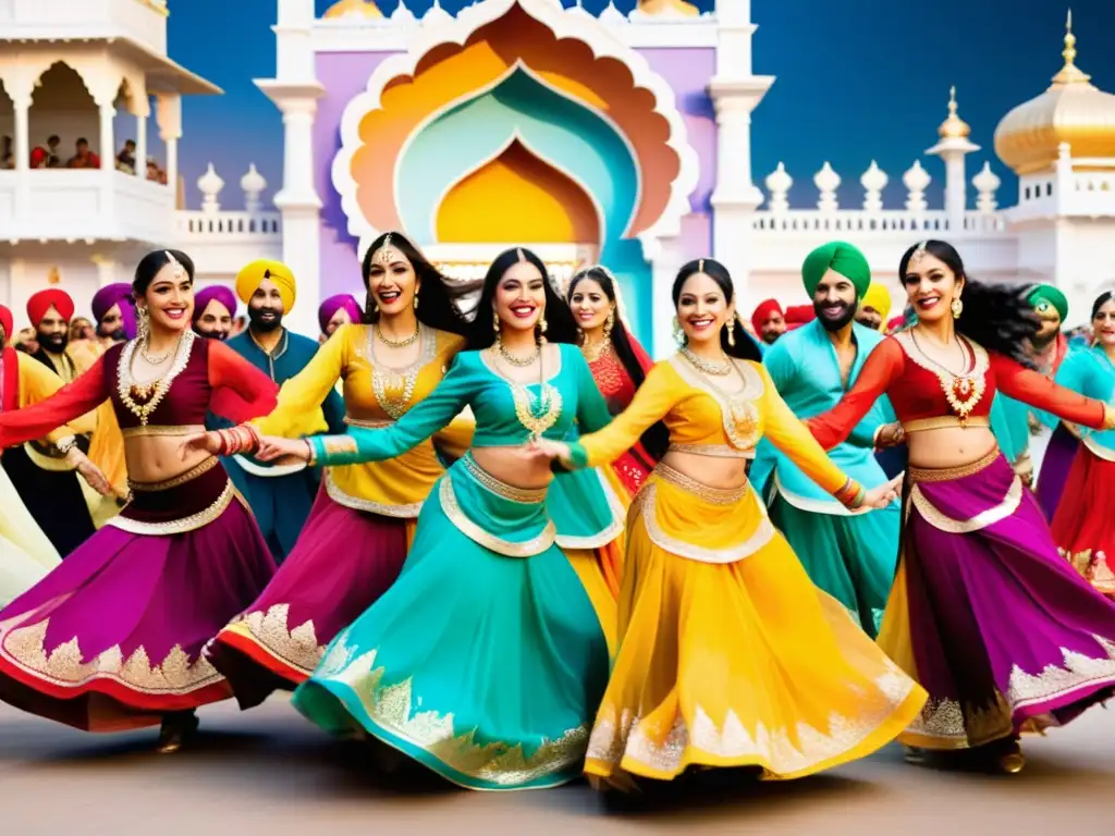 Grupo de bailarines energéticos con trajes tradicionales Punjabi, en medio de una animada actuación de danza bhangra