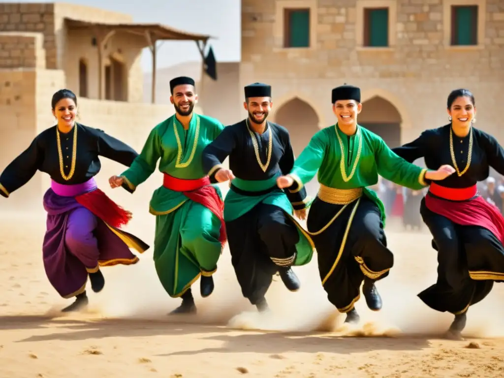 Grupo de bailarines ejecutando la enérgica Dabke, danza tradicional Levante Árabe, en una plaza soleada con espectadores aplaudiendo