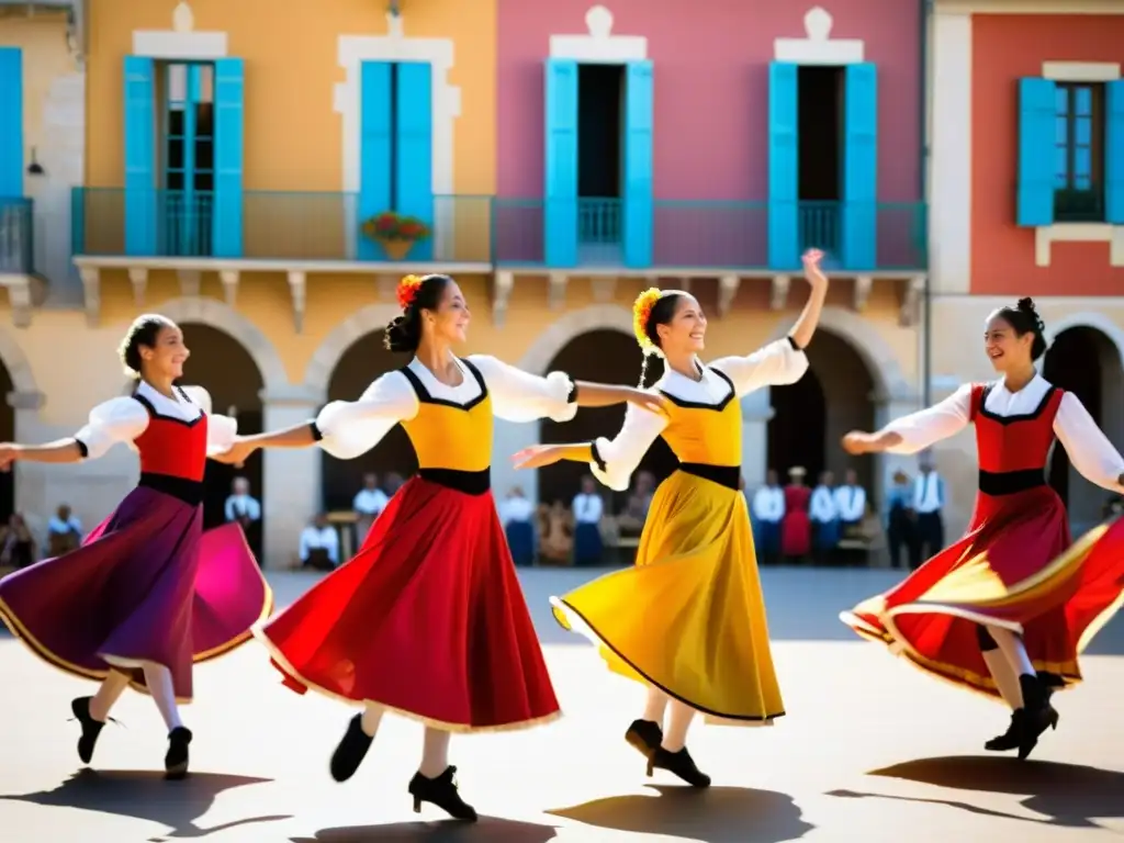 Grupo de bailarines enérgicos ejecutando el Rigaudon Provenzal en una plaza soleada, con trajes coloridos y expresiones llenas de alegría y concentración, capturando la esencia de la danza tradicional Rigaudon Provenzal