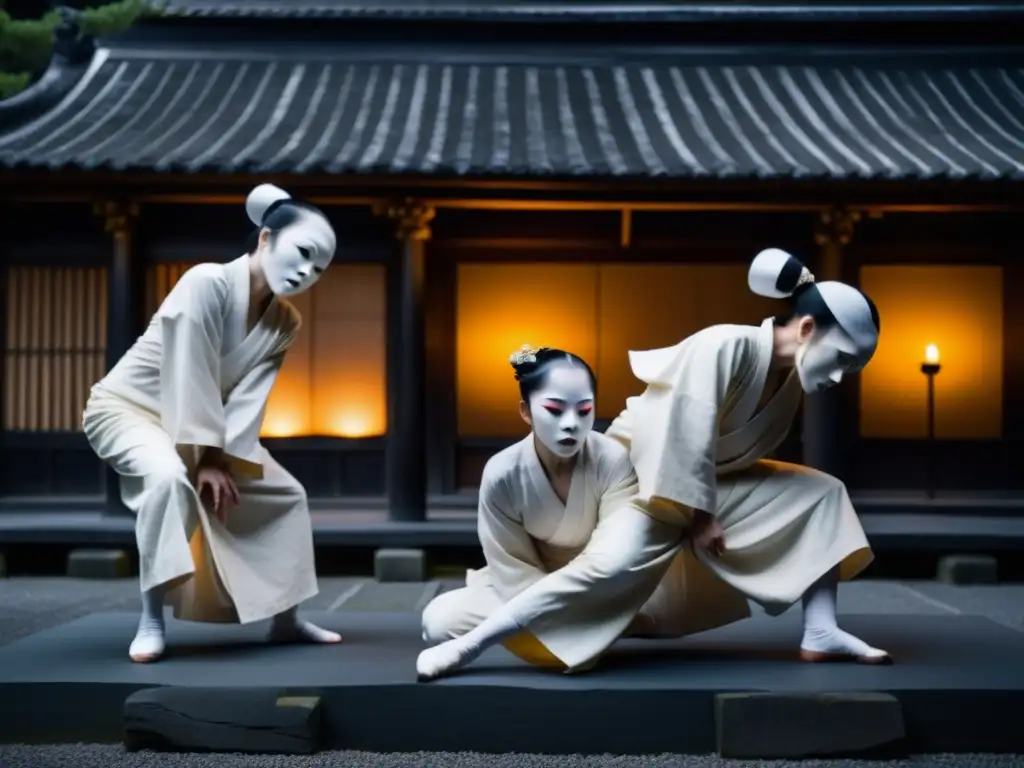 Grupo de bailarines enmascarados realizando la danza Butoh en un festival japonés, envueltos en una atmósfera de misterio y belleza