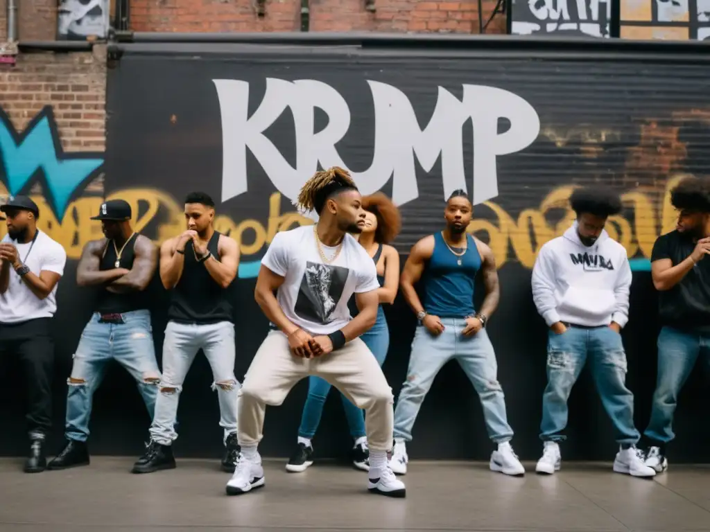 Un grupo de bailarines de krump en un entorno urbano, expresando intensidad y emoción