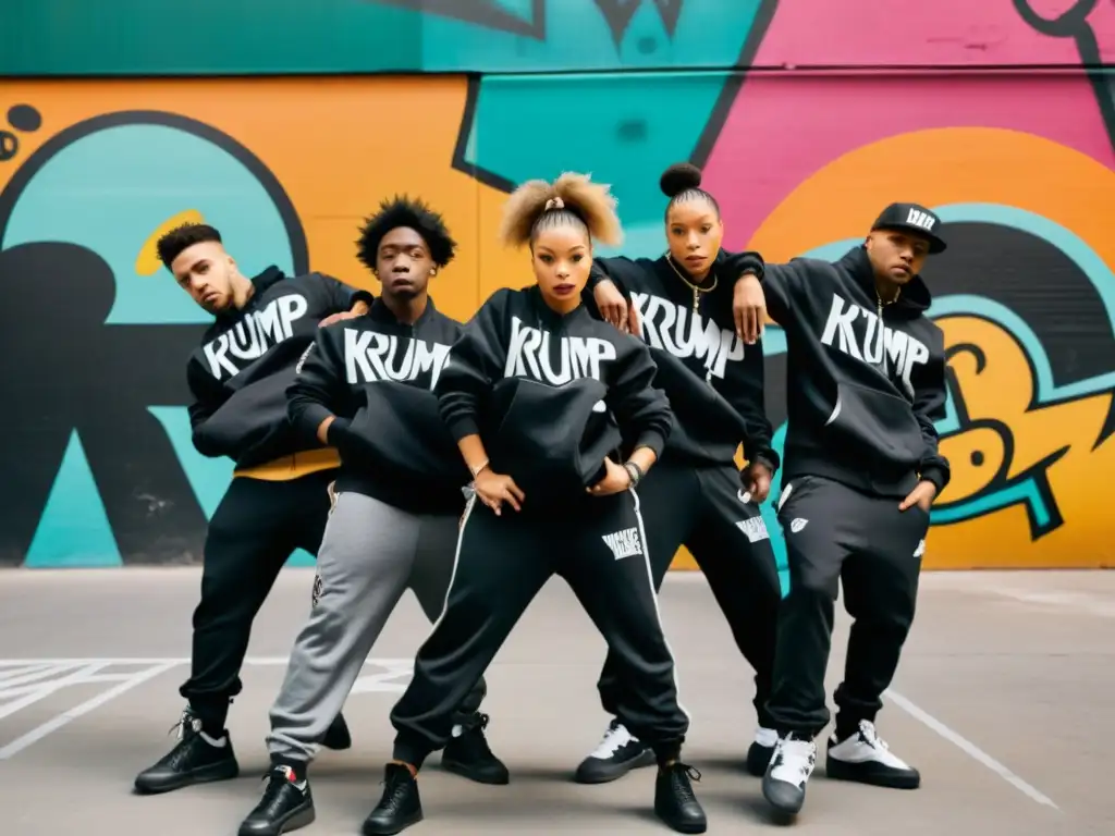 Grupo de bailarines de krump en entorno urbano con expresiones intensas y movimientos poderosos