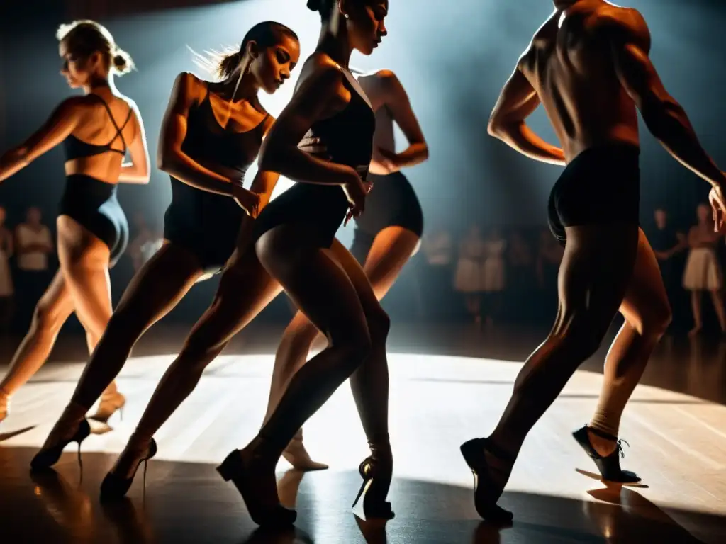 Un grupo de bailarines entrelazados en una pose compleja y elegante, con expresiones apasionadas